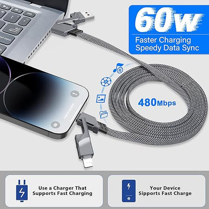 4-in-1 USB C Cable for Lightning Cable [60W Fast Charging], 2Pack (3FT+6FT) Flat Braided USB C to USB C Charger Cord with L/Type C/USB A Multi Ports for iPhone/Samsung Galaxy/i-Pad/Mac Book