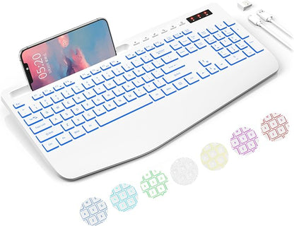 Trueque Wireless Keyboard with 7 Colored Backlits, Phone Holder, Wrist Rest, Rechargeable Ergonomic Keyboard with Silent Light Up Keys, Cordless Computer Keyboard for Windows, Mac, Laptop - (White)