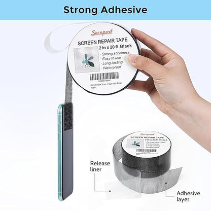 Black Window Screen Repair Tape, 2IN X 20FT Screen Repair Kit for Windows or Doors, Strong Adhesive Fiberglass Mesh Patch Tape