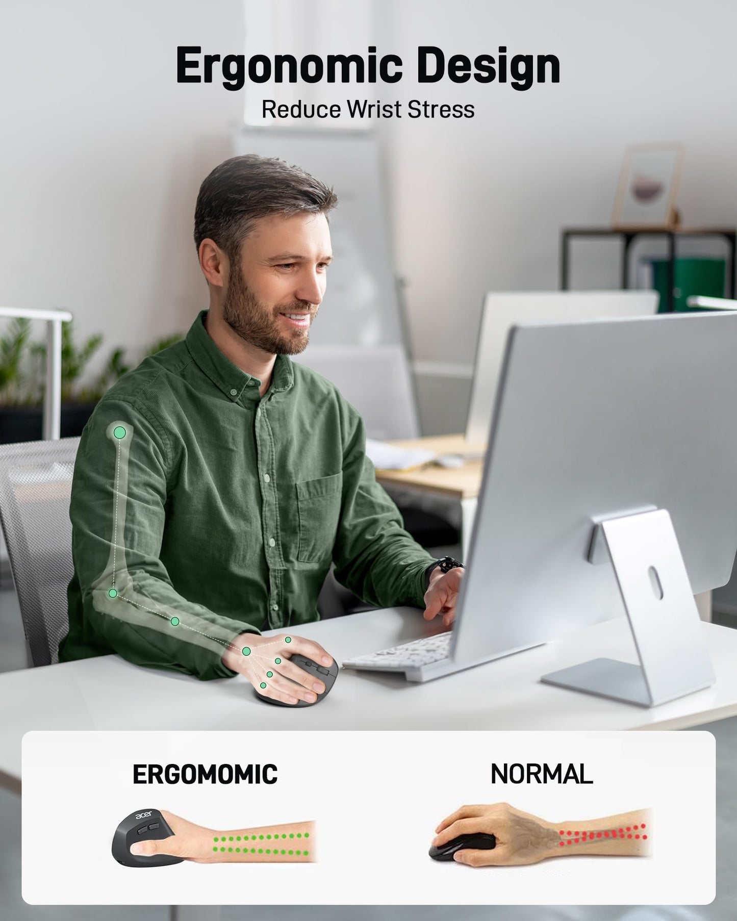 Acer Ergonomic Mouse Wireless, Adjustable DPI Vertical Mouse for Laptop