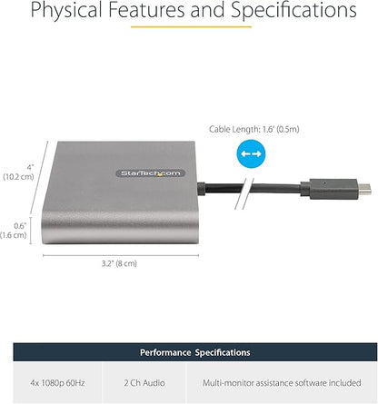StarTech.com USB C to Quad HDMI Adapter, USB-C to 4x HDMI Monitor Converter for Windows, TAA (no support for macOS/ChromeOS/Linux)