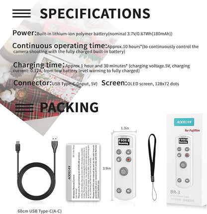 Remote Control for Fujifilm Camera,USB-C Rechargeable Wireless Shutter Release with OLED Screen for Fujifilm Fuji X100VI,X-T5,X-T4,X-T3,X-T50,X-T30II, X-T30,X-S20,X-S10,X-H2S,X-H2,X-E5 (White)