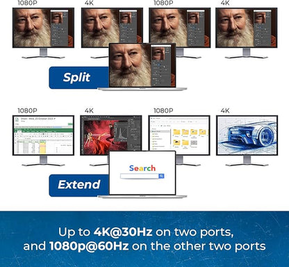 OREI SplitExtend HDMI Splitter Extended Display for Quad Monitor - Multi-Monitor Display 5 Separate Screens - USB-C Adapter to HDMI 2.0, 4K@30Hz Outputs - Windows and Mac Compatible
