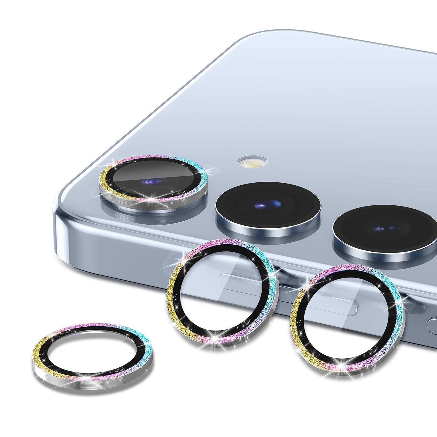 Avocase for Samsung Galaxy S25 Plus Camera Lens Protector, Individual Metal Ring Tempered Glass Lens Cover, [Strong Adsorption] Scratch Resistant Ultra-Thin HD Clear Lens Cover, 1 Set-Colorful Sparkly