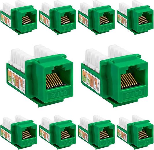 Cmple - Cat6 Keystone Jack 10-Pack 10Gbps RJ45 Keystone Jack 90° Degree Punch Down for RJ45 Connectors, Patch Panel and Wall Plate in Green