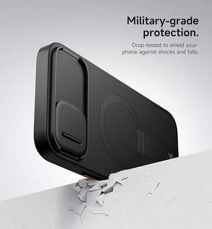 SURITCH for iPhone 14 Plus/15 Plus Case with Magnetic Camera Slide Cover and Adjustable Kickstand, Compatible with MagSafe, Shockproof Bumper Case Slim Protective Cover 6.7 Inch, Black