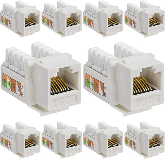 Cmple - Cat6 Keystone Jack 10-Pack 10Gbps RJ45 Keystone Jack 90° Degree Punch Down for RJ45 Connectors, Patch Panel and Wall Plate in White