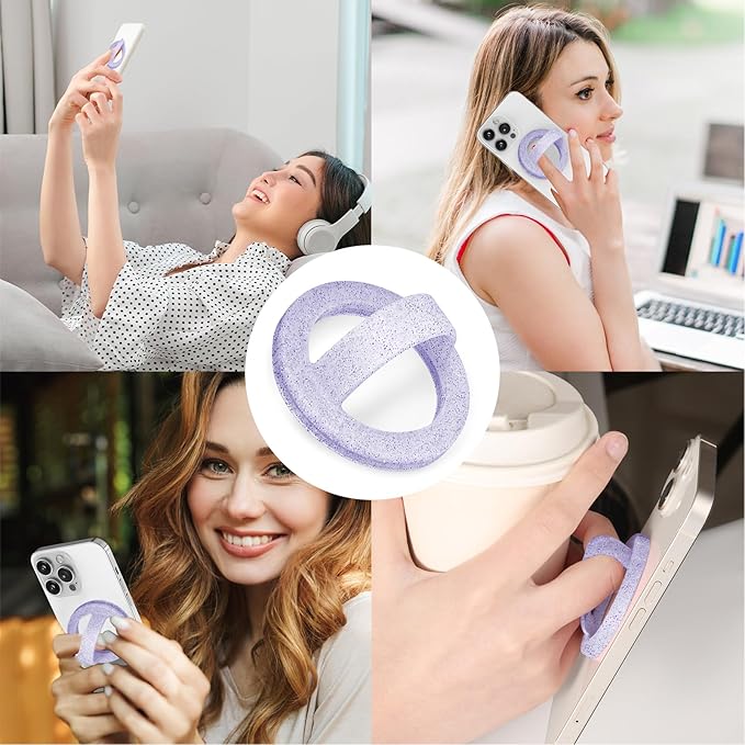 Magnetic Silicone Ring Grip Phone Holder, Loop Grip Phone Holder,Magnetic Phone Loop,Magsafe Phone Grip,Compatible with Magsafe for iPhone 16/15/14/13/12 Series (Purple Sparkle)