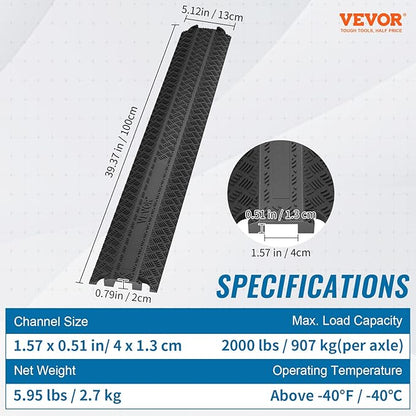 VEVOR 2 PCs Thermoplastic Rubber Drop Over Cable Cover Ramp, 2,000 lbs/axle Load Capacity, Heavy Duty Cable Hose Protector Ramp, Floor Cord Cover for High Walking Traffic Areas Home Office Warehouse