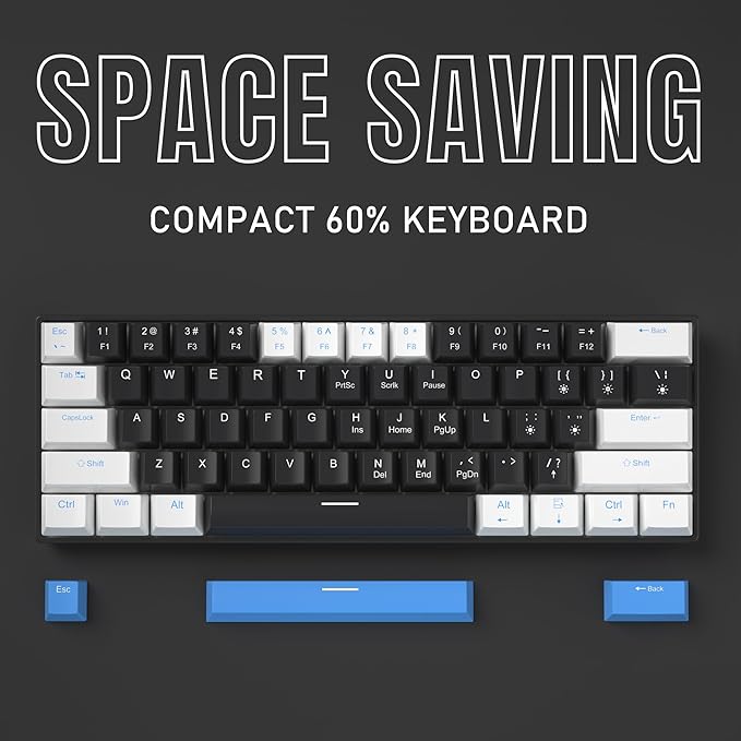 60% Mechanical Gaming Keyboard,White Black Blue Keycaps Gaming Keyboard with Linear Red Switch, Detachable Type-C Cable Mini Keyboard with Blue LED Light for Windows/Mac/PC/Laptop