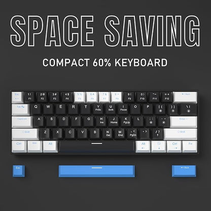 60% Mechanical Gaming Keyboard,White Black Blue Keycaps Gaming Keyboard with Linear Red Switch, Detachable Type-C Cable Mini Keyboard with Blue LED Light for Windows/Mac/PC/Laptop