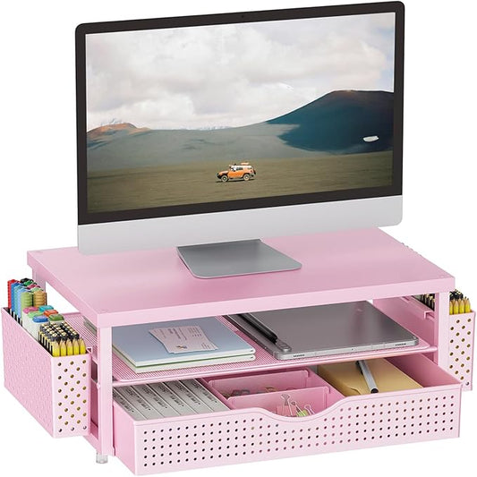 gianotter Wood Monitor Stand Riser, Desk Organizer with Drawer and 2 Pen Holders, 2-Tier Workspace Organizer for Office Supplies