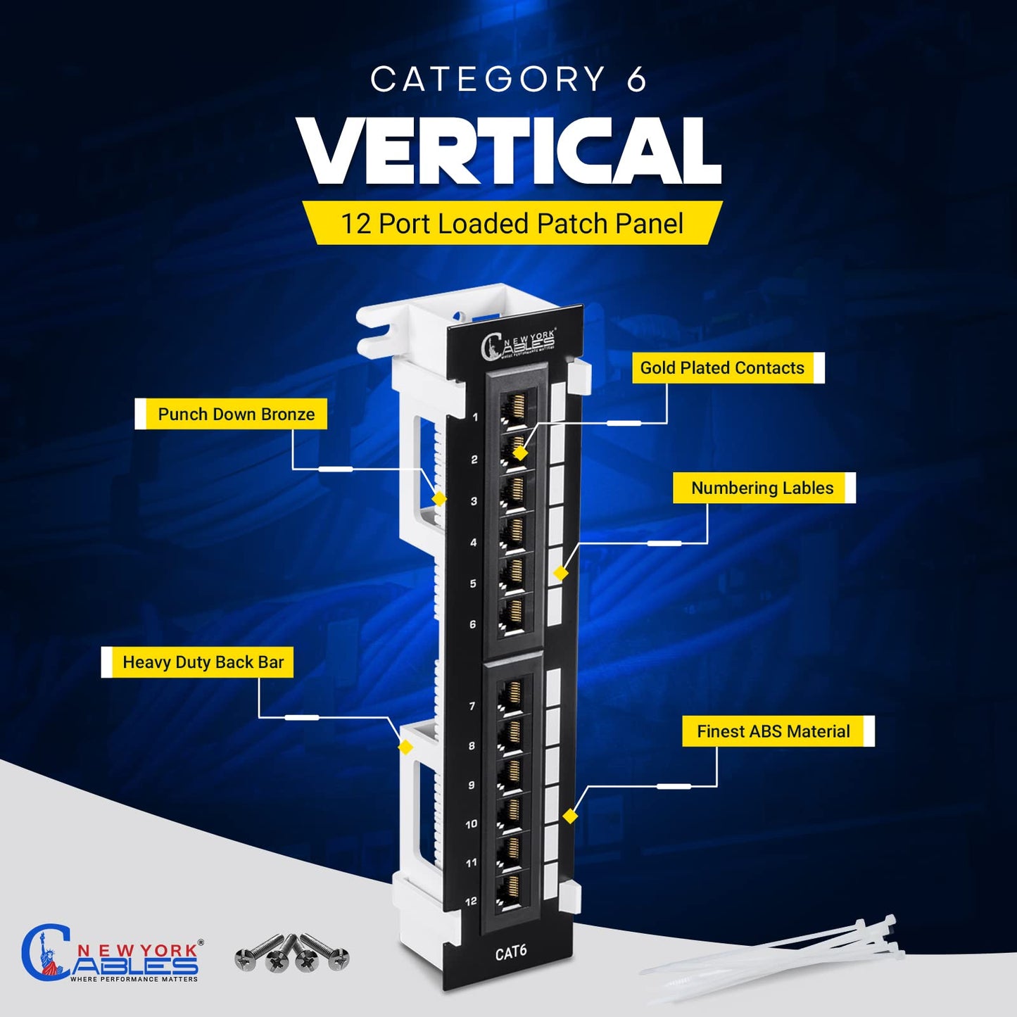 NewYork Cables 12 Port Vertical Cat6 Patch Panel – 10Gb Ethernet, 1U Wall Mount, T568A/B Color-Coded, Unshielded Keystone, 110/Krone Compatible, with Back Bar, Cable Ties & Screws