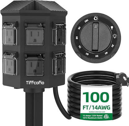 TiFFCOFiO Outdoor Power Strip Timer, Dusk to Dawn Light Sensor Countdown, 100 Feet Extension Cord Waterproof, 6 Grounded Outlets for Halloween and Christmas Decorations, ETL Listed (100 FT)