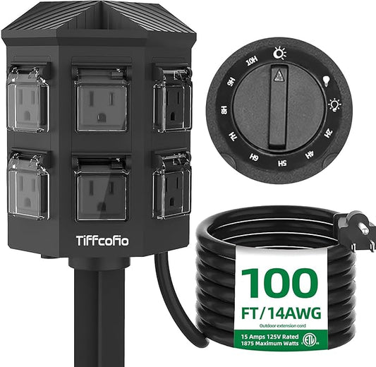 TiFFCOFiO Outdoor Power Strip Timer, Dusk to Dawn Light Sensor Countdown, 100 Feet Extension Cord Waterproof, 6 Grounded Outlets for Halloween and Christmas Decorations, ETL Listed (100 FT)