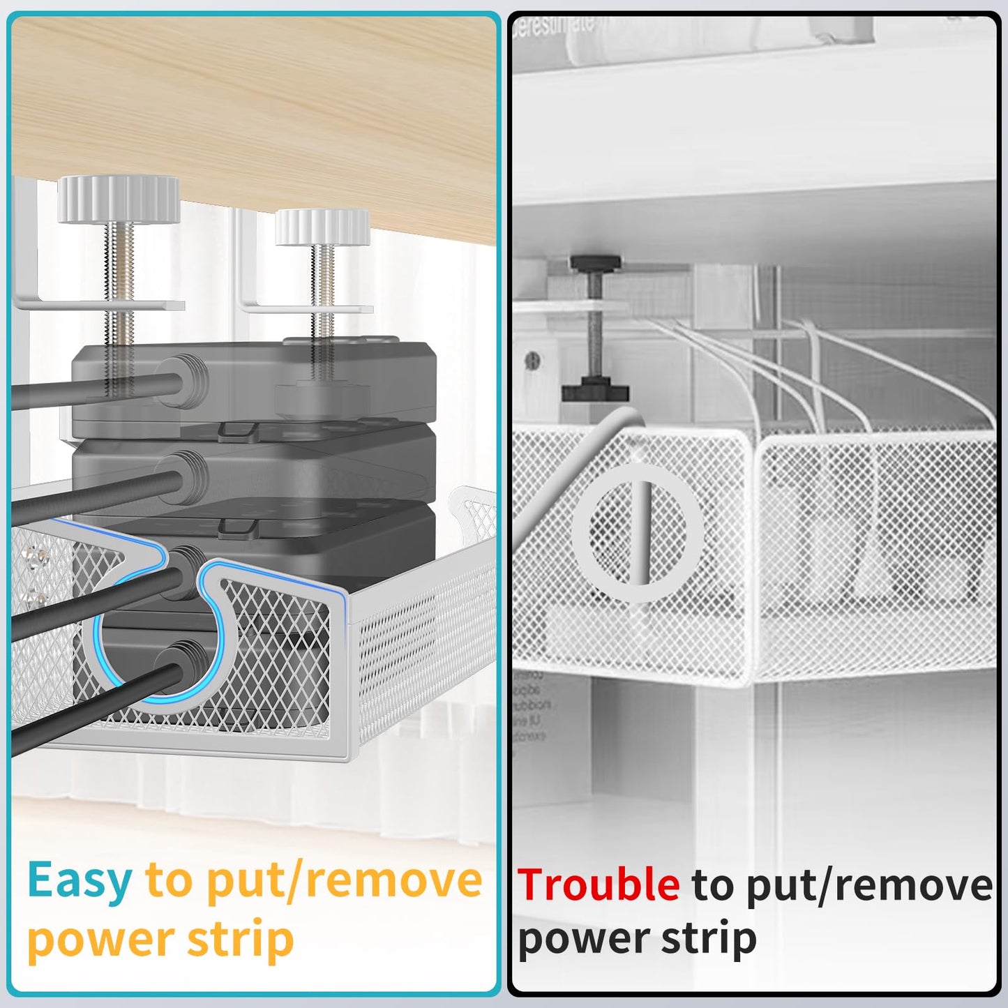 Under Desk Cable Management Tray White, No Drill Desk Cable Management Organizer with Clamp for Desk Wire Management, PC Cord Organizer Accessories & Workspace Organizers for Office, Home(2 Pack)