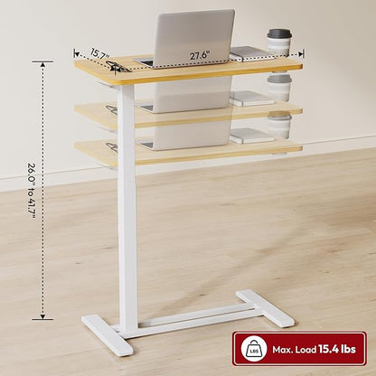 SANODESK Medical Adjustable Overbed Bedside Table with Hidden Casters, Pneumatic Mobile Laptop Computer Standing Desk Cart with Tray, Hospital and Home Use(27.6" W x 15.7" D, Maple)