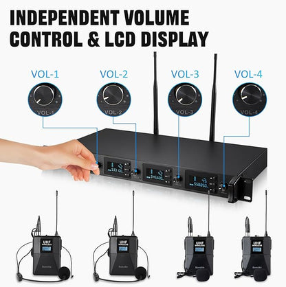 Wireless Microphone System 4 Channel UHF 4 Lavalier Lapel Headset Mics for Karaoke Church Speaking Conference Meeting Party, 4x25 Adjustable Frequency (4 Bodypack)