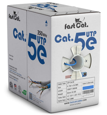 fast Cat. Cat5e Ethernet Cable 1000ft - ETL Listed 24 AWG, CMR, Insulated Bare Copper Wire Cat 5 ethernet Cable with FastReel - 350MHZ / Gigabit Speed UTP Cable Cat5e - CMR (Blue)