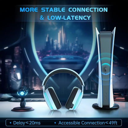 2.4GHz Wireless Gaming Headset for PS5, PS4 Fortnite & Call of Duty/FPS Gamers, PC, Nintendo Switch, Bluetooth 5.3 Gaming Headphones with Noise Canceling Mic, Stereo Sound, 40+Hr Battery -White