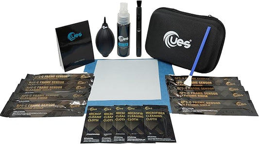 UES Professional Camera Cleaning Kit with Hard Travel Case - DSLR & Mirrorless Maintenance Bundle: 2-in-1 Lens & Sensor Cleaner, Air Blower, Pen, Microfiber Screen Cloths & 10 APS-C 16mm Swabs