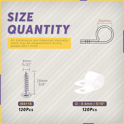 Swpeet 120 Pack White 5/16 Inch Nylon Plastic R-Type Cable Clips Clamp Kit, Nylon Screw Mounting Cord Fastener Clips with 120 Pack Screws for Wire Management (5/16 Inch, White)