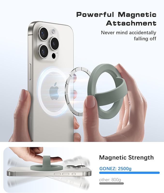 GONEZ Magnetic Phone Grip Compatible with MagSafe, Removable Silicone Loop Grip, Phone Ring Holder for Back of Phone for iPhone 16/15/14/13/12 Series, Calke Green