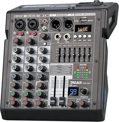 Audio Mixer, 4 Channel Sound Board Mixing Console with 99-Bit DSP, 7-Band Eq Output, Digital MP3 Computer Input, Professional DJ Mixer Board with 48V Phantom Power Stereofor Recording Live