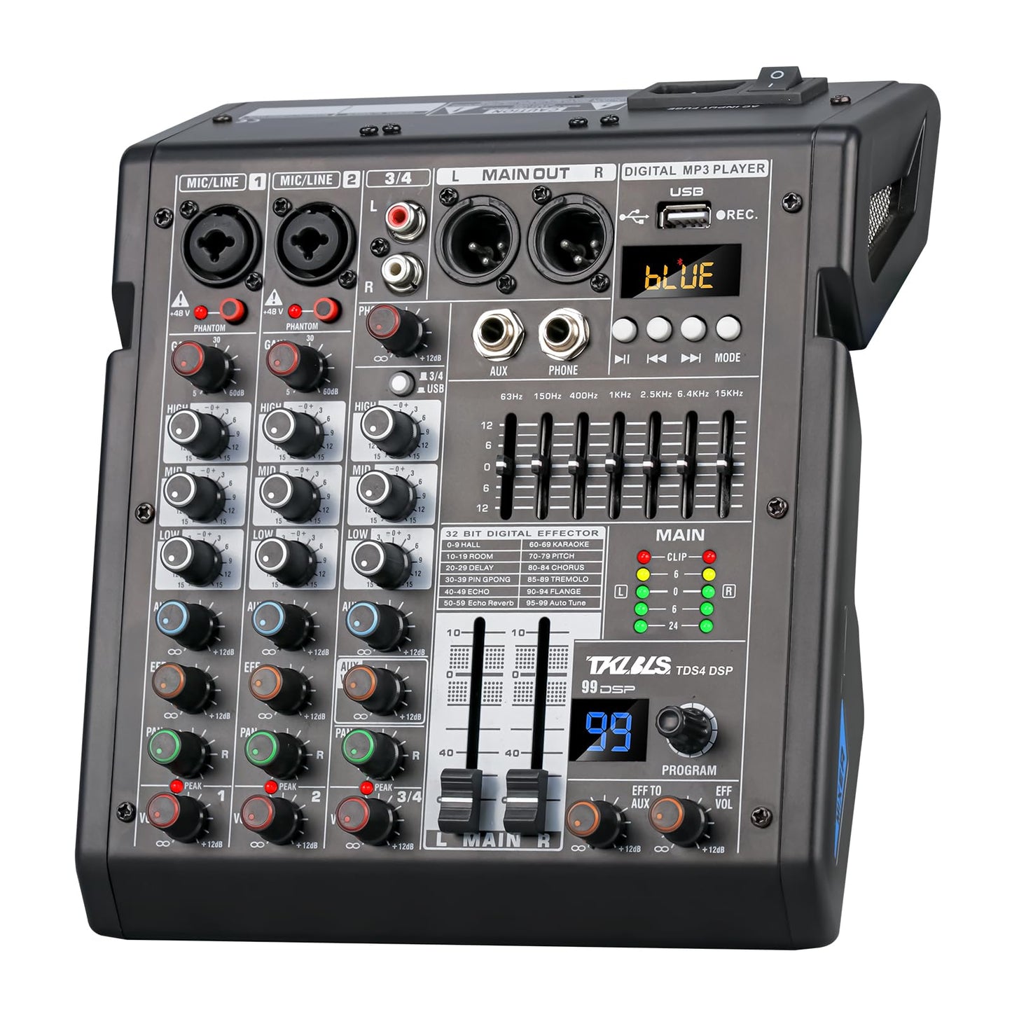 TKLBLS 4 Channel Audio Mixer for Home Audio, Sound Mixer Board with USB Interface, 99 DSP Effects, 48V Phantom Power, XLR Inputs for Karaoke, Recording