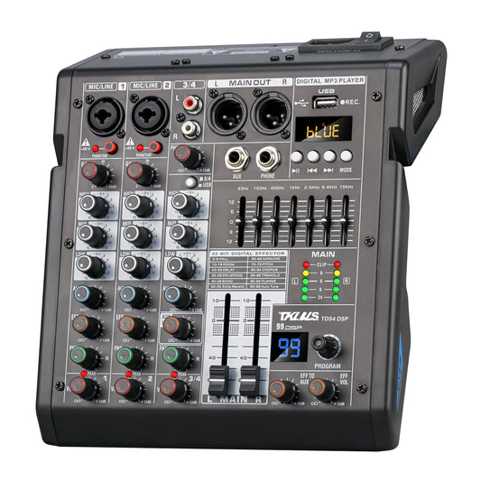 TKLBLS 4 Channel Audio Mixer for Home Audio, Sound Mixer Board with USB Interface, 99 DSP Effects, 48V Phantom Power, XLR Inputs for Karaoke, Recording