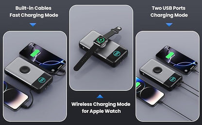 Portable Charger 40800mAh Power Bank with Built-in Cables,Wall Plug and iWatch Charger,6-in-1 QC4.0+25W PD USB C Fast Phone Charging,LCD Display Battery Pack for iPhone 16/15,Apple Watch,Galaxy-White
