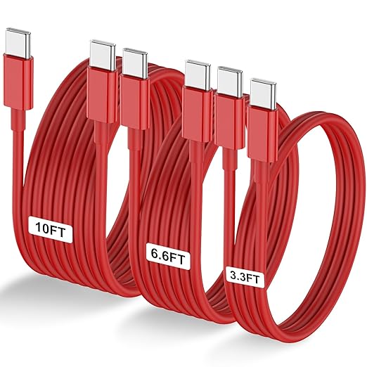 3-Pack Red [3.3FT+6.6FT+10FT] 60W USB C to USB C Cable, Type C Fast Charging Cable for iPhone 15/16, Galaxy S23/S24, iPad Pro/Air, MacBook Pro/Air and More