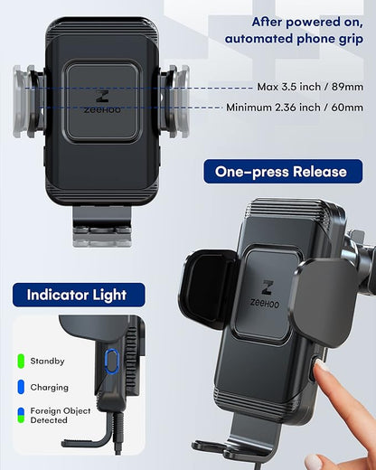 ZeeHoo Wireless Car Charger,15 W Fast Charging Auto-Clamping Car Mount,Windshield Dash Air Vent Phone Holder for iPhone 14 13 12 Mini 11 Pro Max XS XR 8,Samsung S22 S21 S20 Note 20 10 9 8