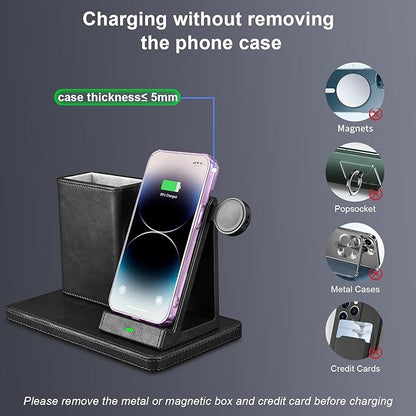 White Leather Pen Holder Desk Organizer with 3-in-1 Wireless Charger for Phone, Earbuds, Watch - Desktop Phone Stand,Birthday Gifts for Women,mom Gifts (Black)