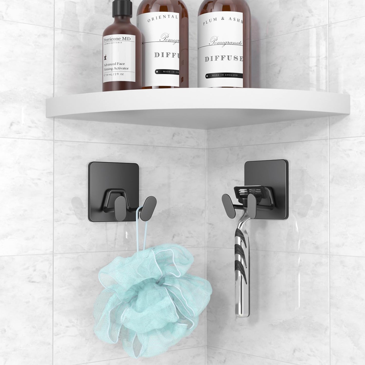 Adhesive Shower Hooks for Inside - Extra Sticky Stainless, Razor Holder Shower Accessories, Wall Mounted Self-Adhesive Double Hooks for Razor, Loofah, Towel, Shaver, Coat, Key, Matt Black, 4-Pack
