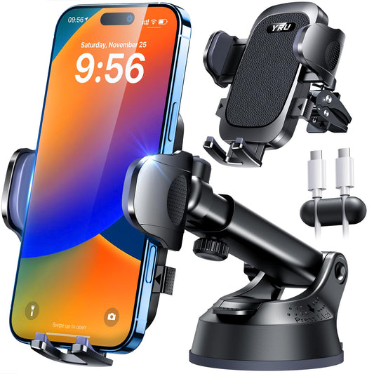 [True Upgrade for Safety] YRU Car Phone Holder Mount [Patent & Military-Grade] Dashboard Cell Phone Holder for Car Vent Windshield Phone Stand for iPhone17 16 15 14 13Pro Max Truck Samsung, Dark Black