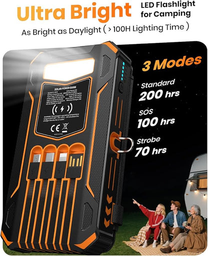 SOARAISE-Solar-Charger-Power-Bank - 48000mAh Wireless Portable Charger Built-in 4 Cables and 4 Solar Panels, PD QC 3.0 Fast Charging USB C Battery Pack with Flashlight for Camping Travel