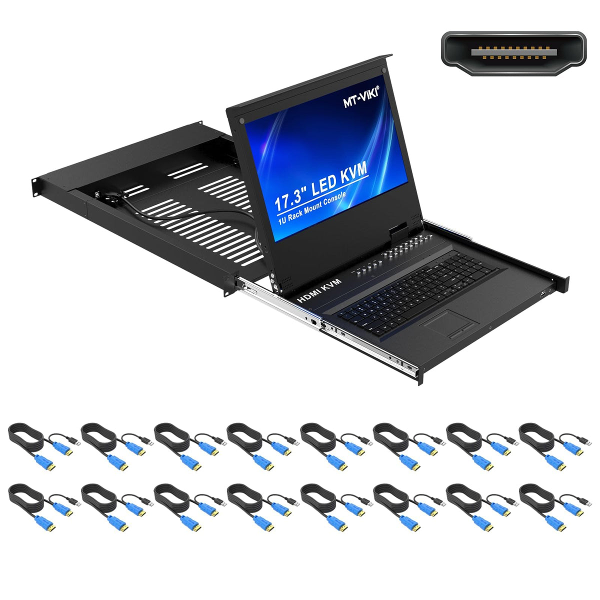 MT-VIKI® KVM Rack Mount HDMI with 17.3'' LCD Monitor, 1080P@60Hz Support OSD/Hotkey, Included 8 KVM Cables+Keyboard + Touchpad, Fit 1U 19'' Rack, Mount Depth 23.6-31.8"