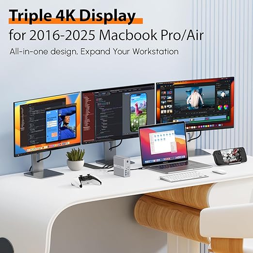 TobenONE DisplayLink Docking Station Triple Monitor with 120W Power Adapter, Triple 4K Display for MacBook Pro/Air, Thunderbolt 4/3, USB-C Windows(3X HDMI, 3X DP, 2xUSB-C, 4xUSB 3.2, SD/TF)