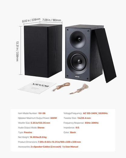 VEVOR Passive Bookshelf Speaker, 300W, Book Shelf Stereo Speakers with 5.25-Inch Woofer and 1-Inch Tweeter, Detachable Grille, 65Hz-20KHz Frequency Response, Wooden Enclosure,for Home Theater (1 Pair)