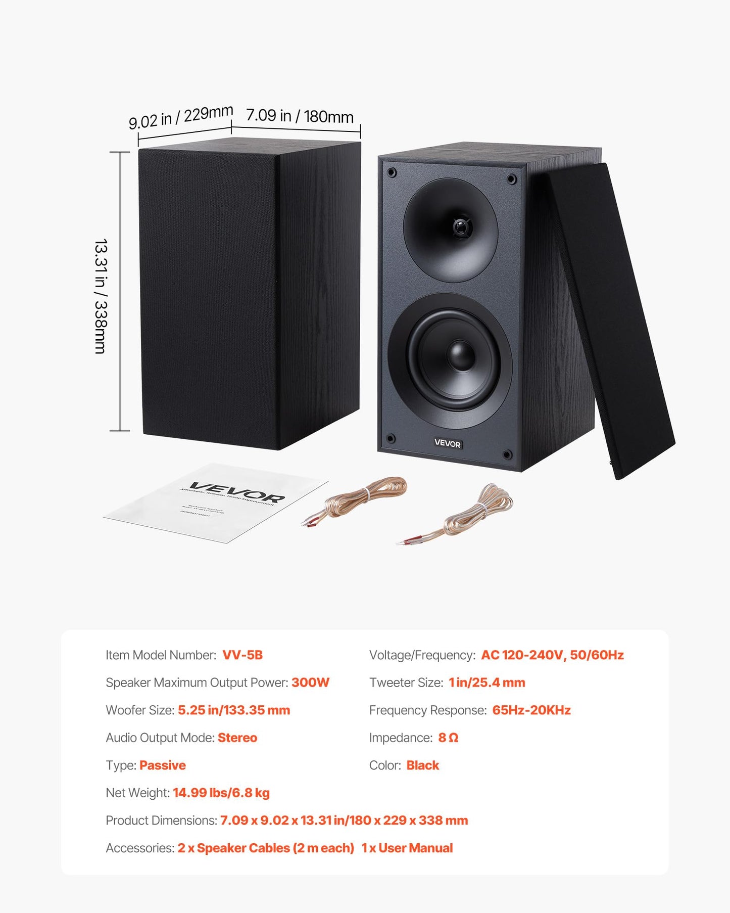 VEVOR Passive Bookshelf Speaker, 300W, Book Shelf Stereo Speakers with 5.25-Inch Woofer and 1-Inch Tweeter, Detachable Grille, 65Hz-20KHz Frequency Response, Wooden Enclosure,for Home Theater (1 Pair)