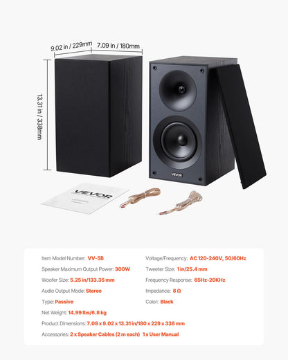 VEVOR Passive Bookshelf Speaker, 300W, Book Shelf Stereo Speakers with 5.25-Inch Woofer and 1-Inch Tweeter, Detachable Grille, 65Hz-20KHz Frequency Response, Wooden Enclosure,for Home Theater (1 Pair)