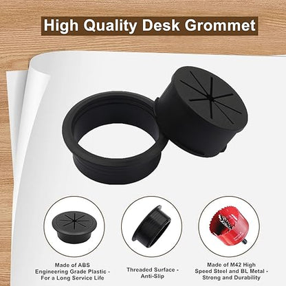 8 Pack Desk Grommet 2 Inch (50 mm), Desk Hole Cover for Cables, Black Desk Cord Hole Cover for Office Home Table, Cable Grommet with 1 Hole Saw Drill Attachment & 10 Cable Ties