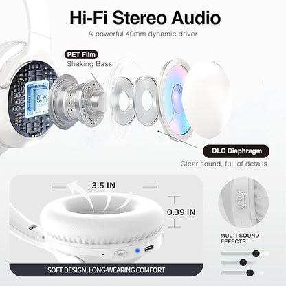 MIDOLA Bluetooth Headphones Over Ear 68H Playtime 6 EQ Wireless Headset with Microphone HiFi Stereo Foldable Lightweight Deep Bass for Travel Home Office Cellphone White