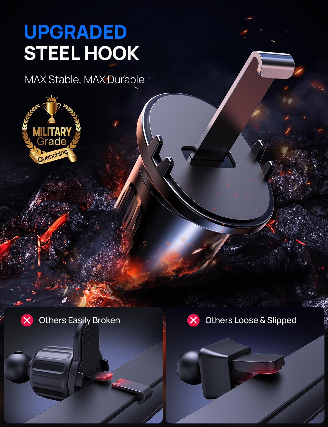 Air Vent Car Phone Holder, Adjustable Wide Clamp, Metal Hook, Anti-Shake