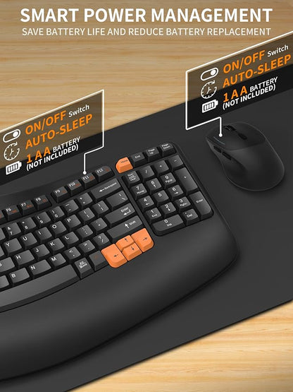 Wireless Keyboard and Mouse Combo, 2.4G Wave Keys Ergonomic Keyboard with Palm Rest and 3 DPI Silent Mouse, Compact Size for Natural Typing, Spill-Resistant, for Windows/PC/Laptop/Mac(Black)