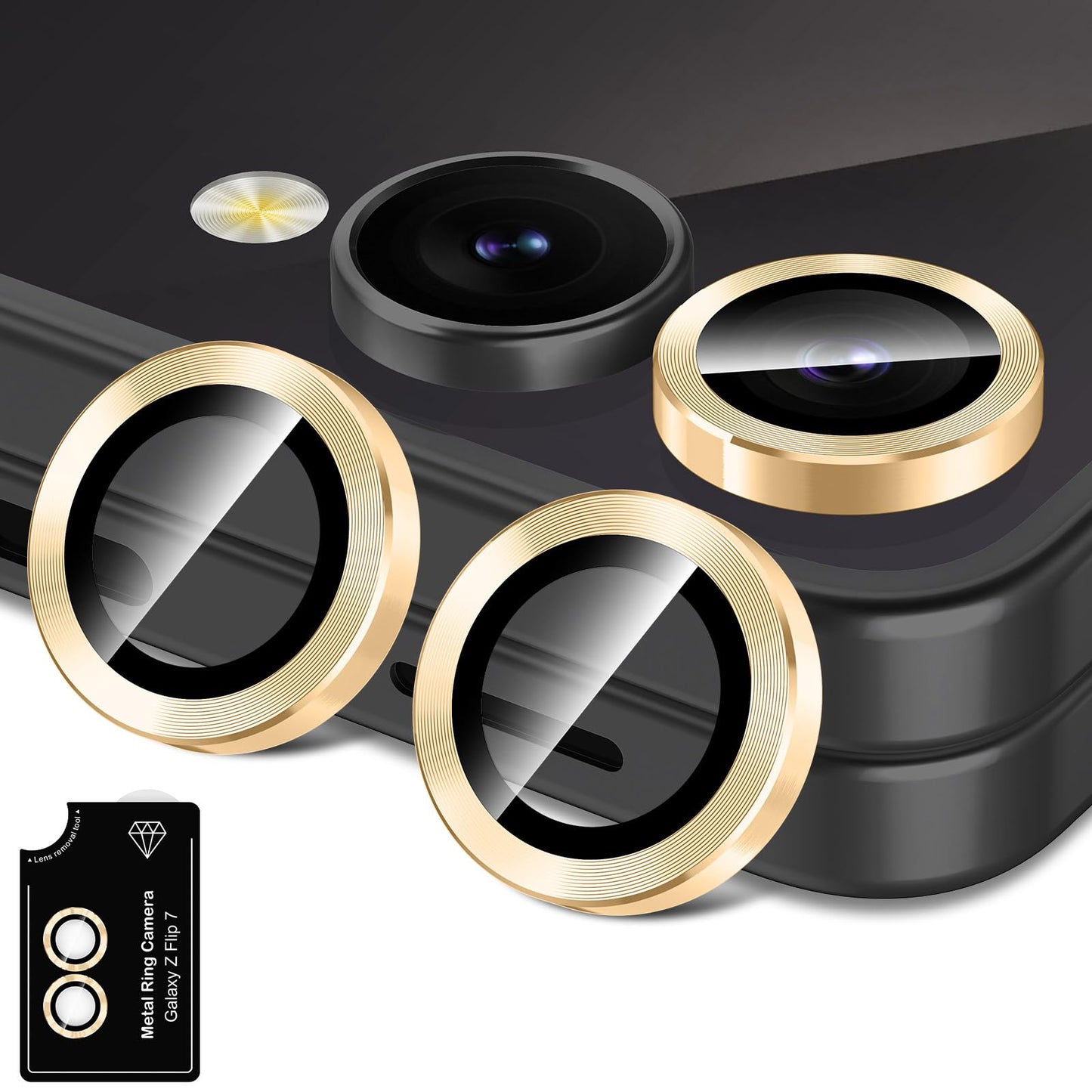 Avocase for Samsung Galaxy Z Flip 7 Camera Lens Protector, Individual Metal Ring Tempered Glass Lens Cover, [Strong Adsorption] Scratch Resistant Ultra-Thin HD Clear Lens Cover, 1 Set-Gold