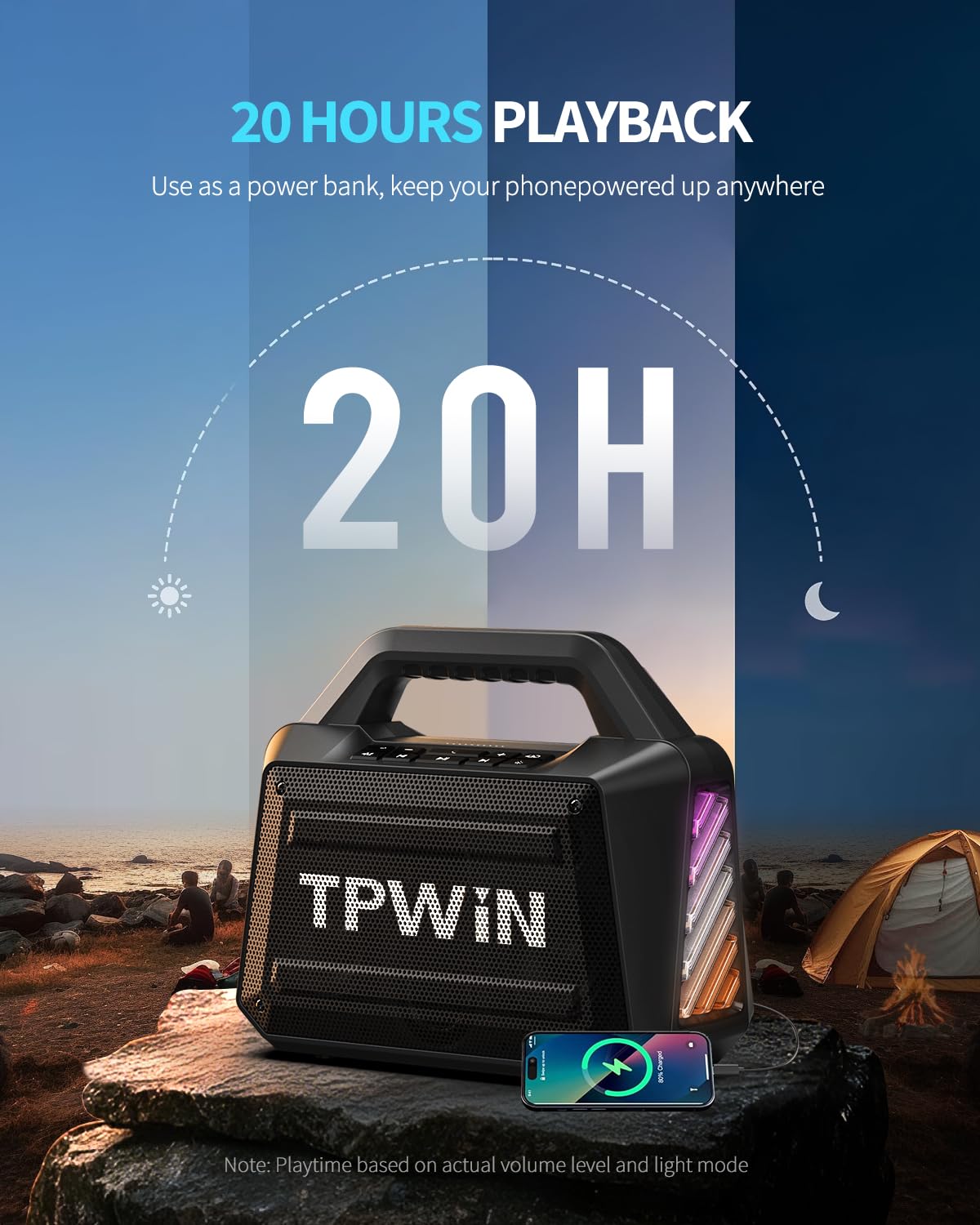 TPWIN Bluetooth Speaker - 80W Loud Rugged Outdoor Speakers, IPX6 Waterproof, 20H Playtime, Deep Bass, Lightshow, TWS, BT 5.3 Wireless, Portable for Travel Hiking Camping Beach Pool - Black