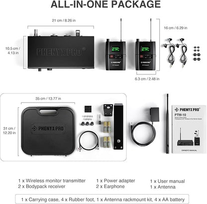 Phenyx Pro Wireless in Ear Monitor System, True Stereo UHF IEM, in Ear Monitors for Musicians, Metal Stage Monitor w/ 89 Frequencies, Rack Mount, for Studio/Band (2 Bodypacks with Transmitter)