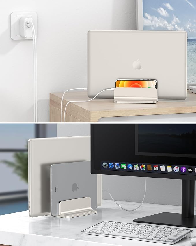 OMOTON [Updated Dock Version Vertical Laptop Stand, Double Desktop Stand Holder with Adjustable Dock (Up to 17.3 inch), Fits All MacBook/Surface/Samsung/HP/Dell/Chrome Book (Starlight)